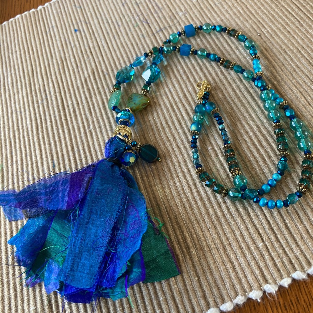 Boho Teal Turquoise & Ultramarine Silk Tassel Necklace Swarovski Crystals Pearls